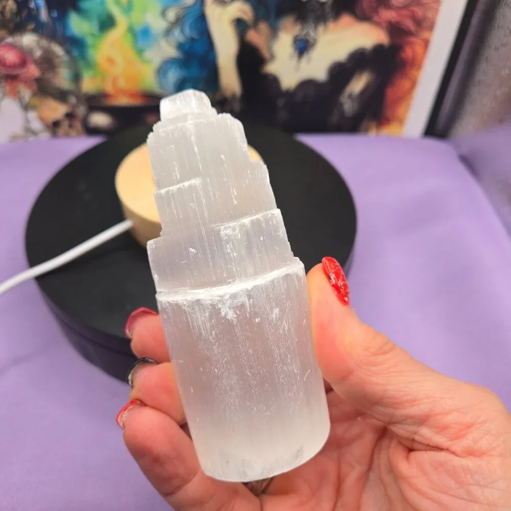 Selenite Crystal Tower 7-Color Changing LED Lamp etched with Hamsa Hand Evil Eye